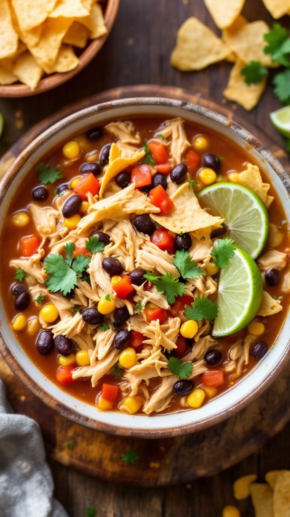 A hearty bowl of chicken tortilla soup with crispy tortilla strips, garnished with cilantro and lime on a rustic table.